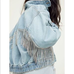 Free People Comet Denim Bomber Jacket | Jean Jacket with Crystal Fringe Tassels